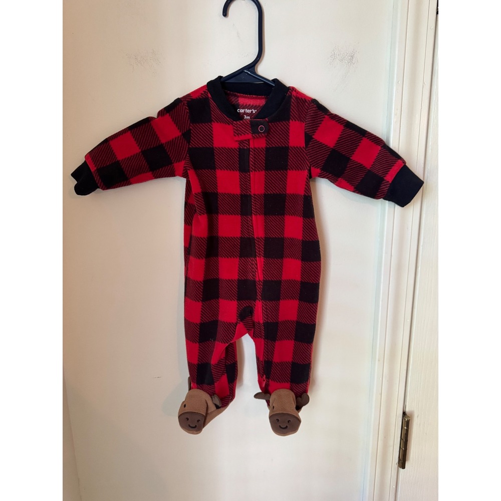 Carters Baby 3M Red Black Buffalo Plaid Fleece Moose Footed Sleeper Pajamas